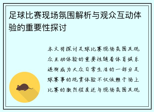足球比赛现场氛围解析与观众互动体验的重要性探讨