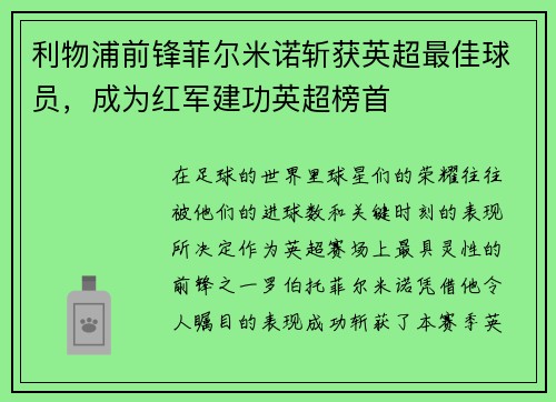 利物浦前锋菲尔米诺斩获英超最佳球员，成为红军建功英超榜首