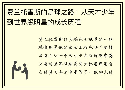 费兰托雷斯的足球之路：从天才少年到世界级明星的成长历程