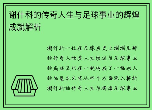 谢什科的传奇人生与足球事业的辉煌成就解析