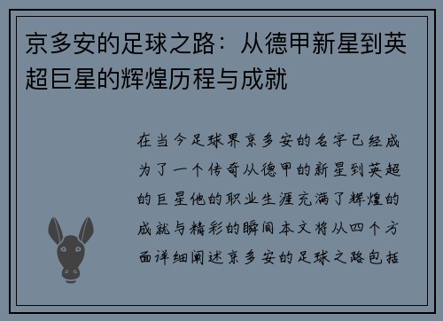 京多安的足球之路：从德甲新星到英超巨星的辉煌历程与成就