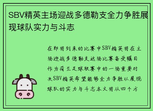 SBV精英主场迎战多德勒支全力争胜展现球队实力与斗志