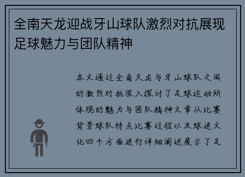 全南天龙迎战牙山球队激烈对抗展现足球魅力与团队精神
