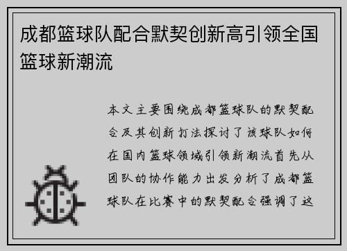 成都篮球队配合默契创新高引领全国篮球新潮流