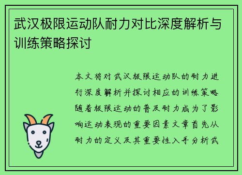 武汉极限运动队耐力对比深度解析与训练策略探讨